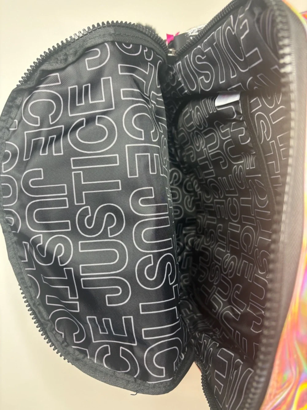 Justice Girls Holographic Iridescent Backpack Rose Gold Pom Pom NWT